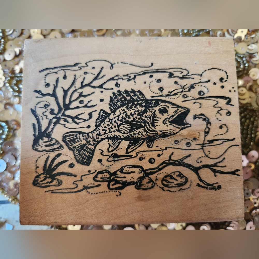 VINTAGE RUBBER STAMP  RARE FISHING DESIGN 3"×3 1/2"